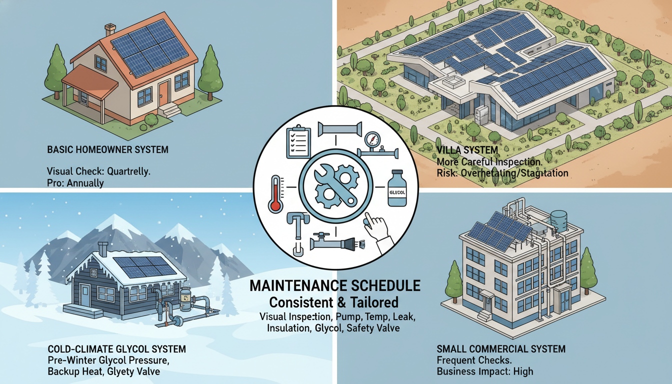 Maintenance schedule for split solar water heater systems comparing homeowner, villa, cold-climate glycol and small commercial maintenance needs